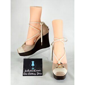 Tod’s Women's Beige Leather Cream Canvas Zeppa Lace Up Wedge Sandals Sz 7 274